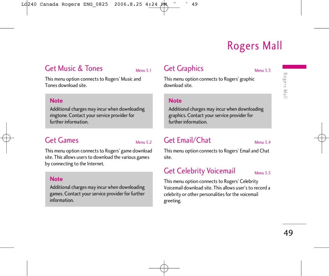 LG Electronics 240 manual Get Music & Tones, Get Graphics, Get Games Menu 5.2 Get Email/Chat, Get Celebrity Voicemail 