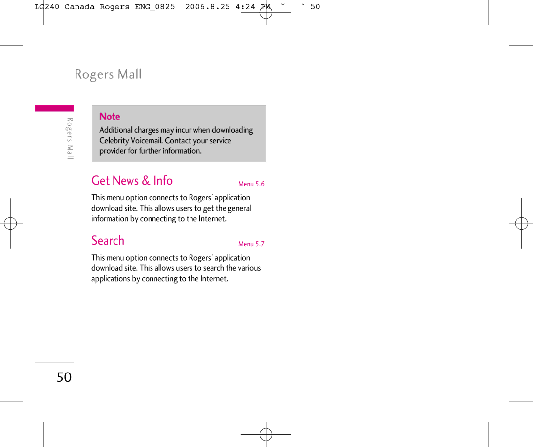 LG Electronics manual Rogers Mall, Get News & Info, Search, LG240 Canada Rogers ENG0825 2006.8.25 424 PM ˘`50 