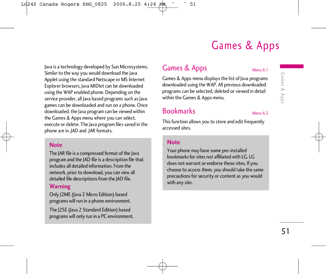 LG Electronics manual LG240 Canada Rogers ENG0825 2006.8.25 424 PM ˘`51, Within the Games & Apps menu 