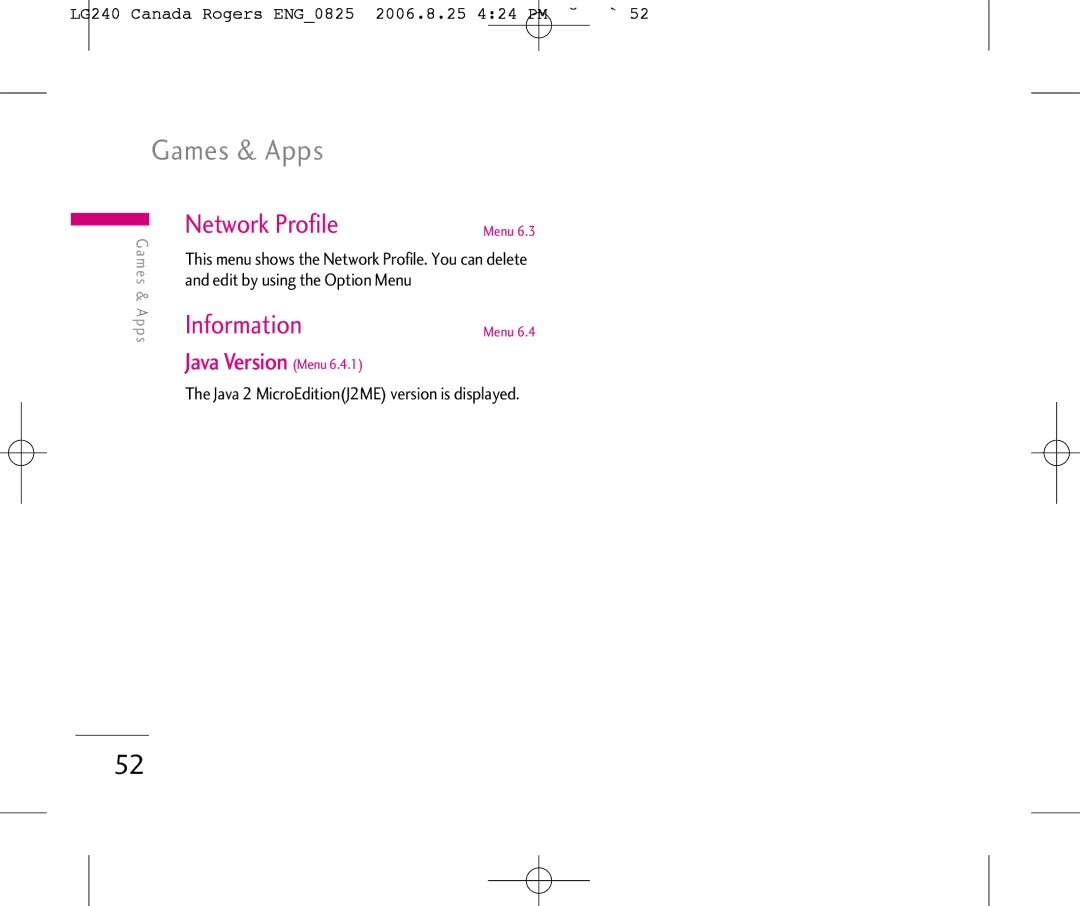 LG Electronics manual Games & Apps, Java Version Menu, LG240 Canada Rogers ENG0825 2006.8.25 424 PM ˘`52 