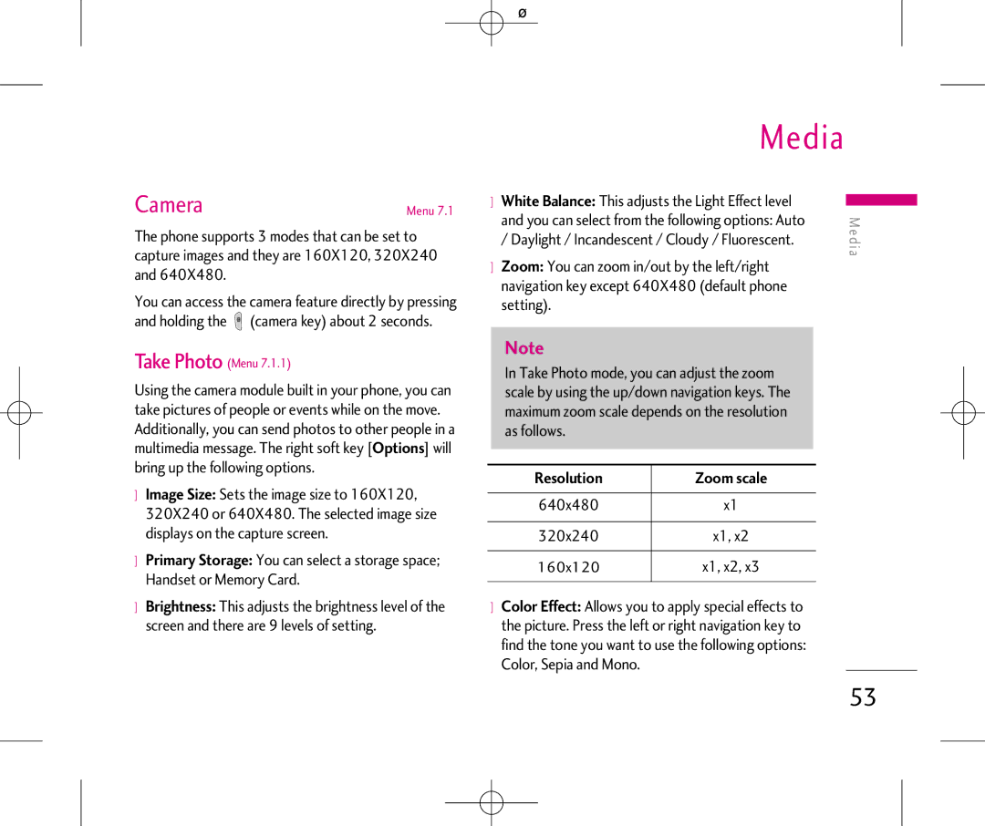 LG Electronics manual Media, Camera, LG240 Canada Rogers ENG0825 2006.8.25 424 PM ˘`53, Resolution Zoom scale 