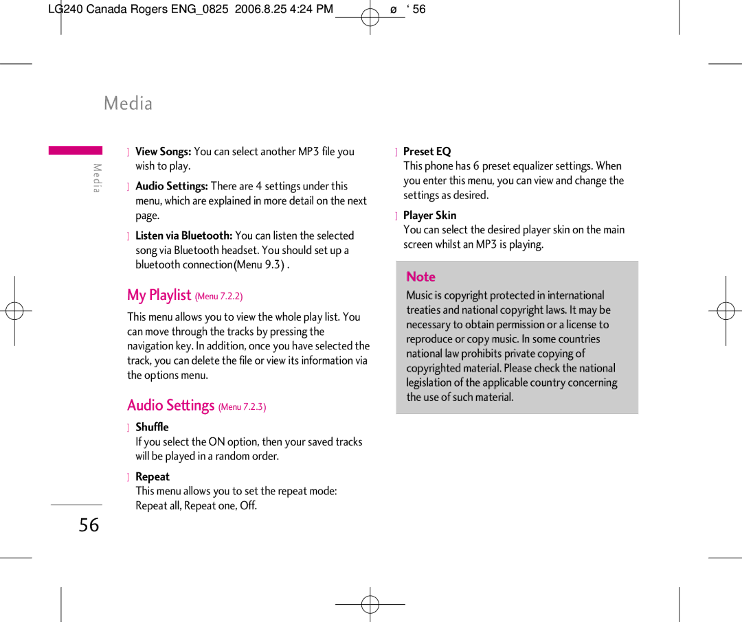 LG Electronics 240 manual My Playlist Menu, Audio Settings Menu 