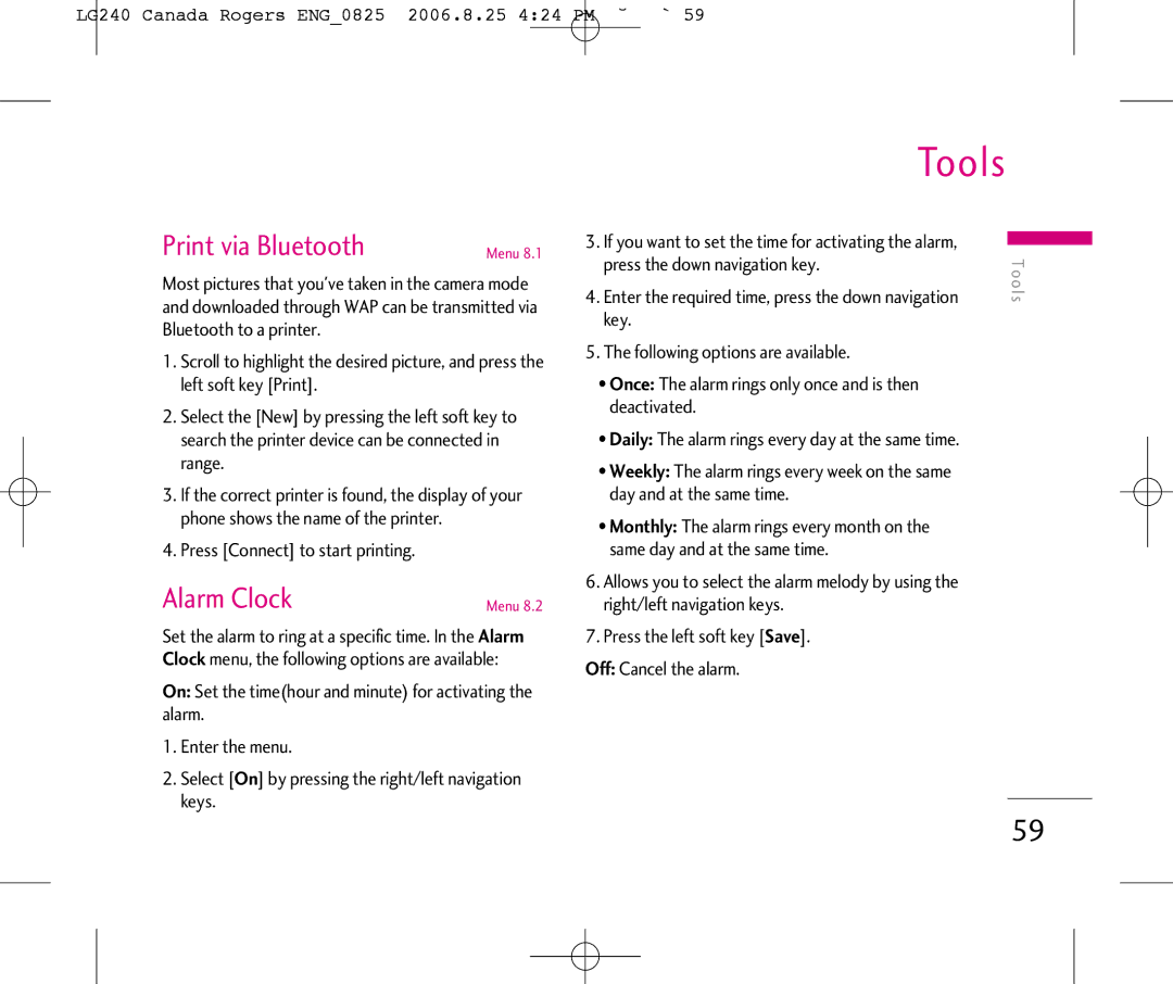 LG Electronics manual Print via Bluetooth, Alarm Clock, LG240 Canada Rogers ENG0825 2006.8.25 424 PM ˘`59 