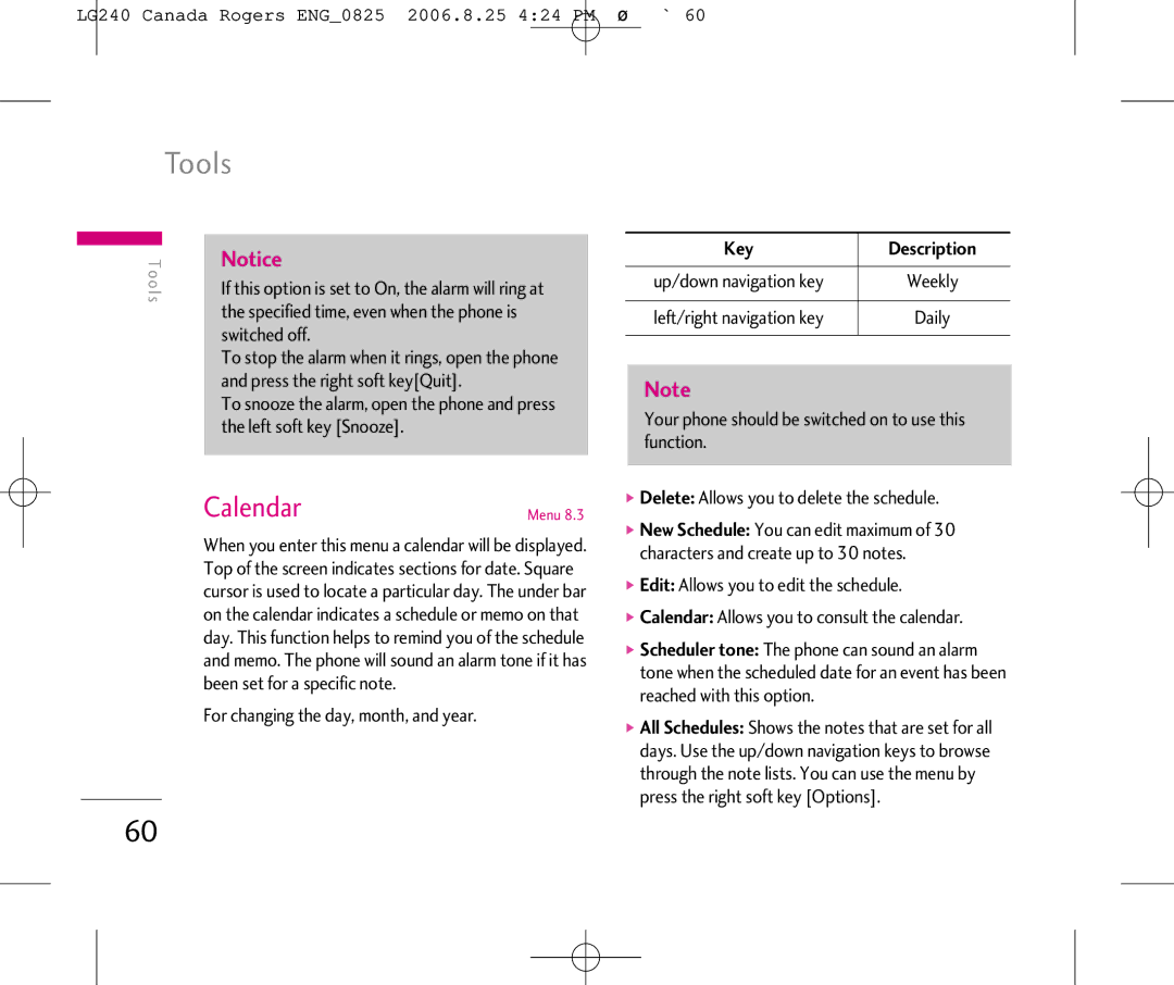 LG Electronics manual Tools, Calendar, LG240 Canada Rogers ENG0825 2006.8.25 424 PM ˘`60 