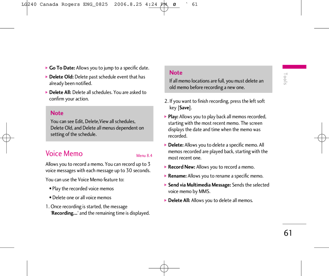 LG Electronics Voice Memo, LG240 Canada Rogers ENG0825 2006.8.25 424 PM ˘`61, Delete All Allows you to delete all memos 