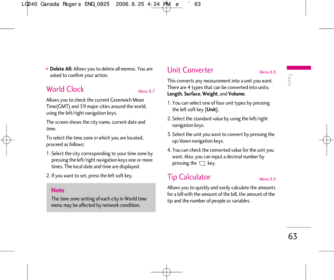 LG Electronics manual World Clock, Unit Converter, Tip Calculator, LG240 Canada Rogers ENG0825 2006.8.25 424 PM ˘`63 