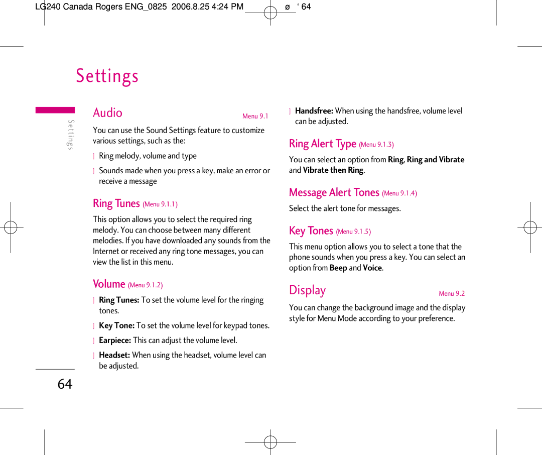 LG Electronics 240 manual Settings, Display, Ring Alert Type Menu, Message Alert Tones Menu, ˘`64 