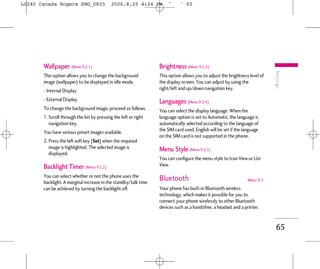 LG Electronics manual Bluetooth, Backlight Timer Menu, LG240 Canada Rogers ENG0825 2006.8.25 424 PM ˘`65 