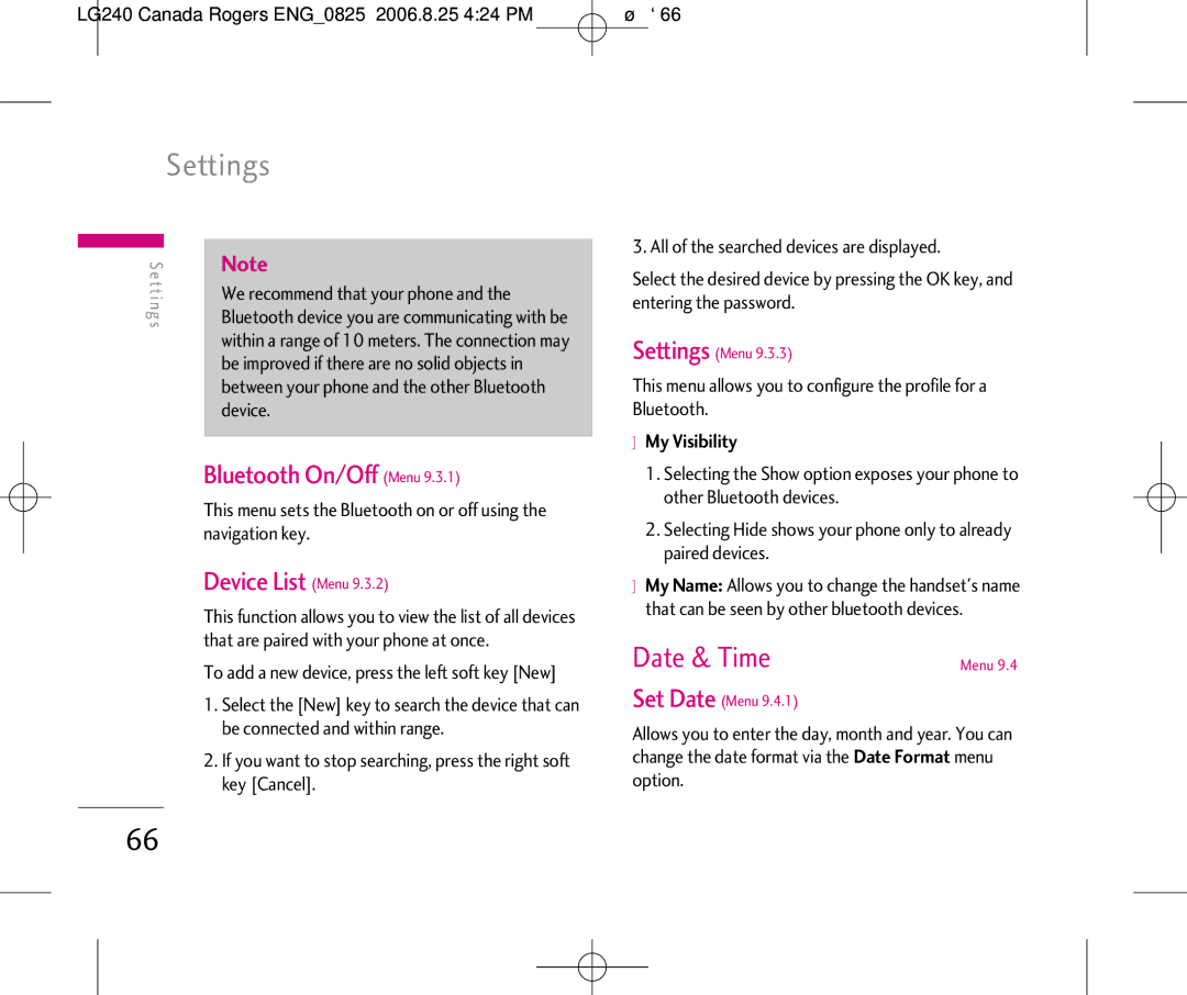 LG Electronics 240 manual Settings, Date & Time, Bluetooth On/Off Menu, Device List Menu, My Visibility 