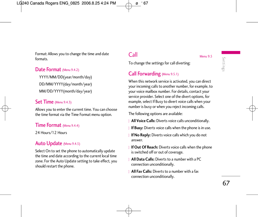 LG Electronics 240 manual Date Format Menu, Time Format Menu, Auto Update Menu, Call Forwarding Menu 