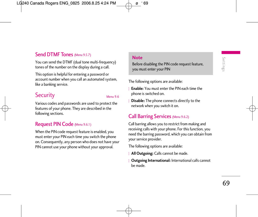 LG Electronics 240 manual Security, Send Dtmf Tones Menu, Request PIN Code Menu, Call Barring Services Menu 