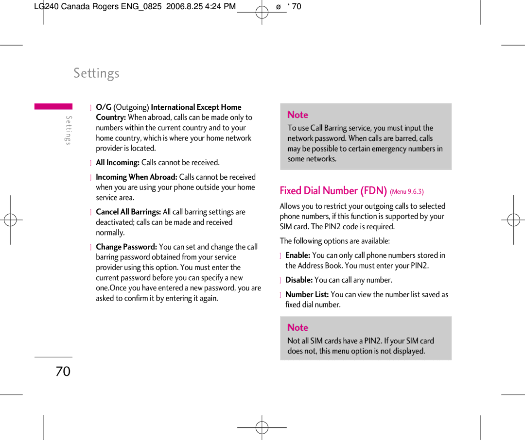 LG Electronics manual Fixed Dial Number FDN Menu, LG240 Canada Rogers ENG0825 2006.8.25 424 PM ˘`70 