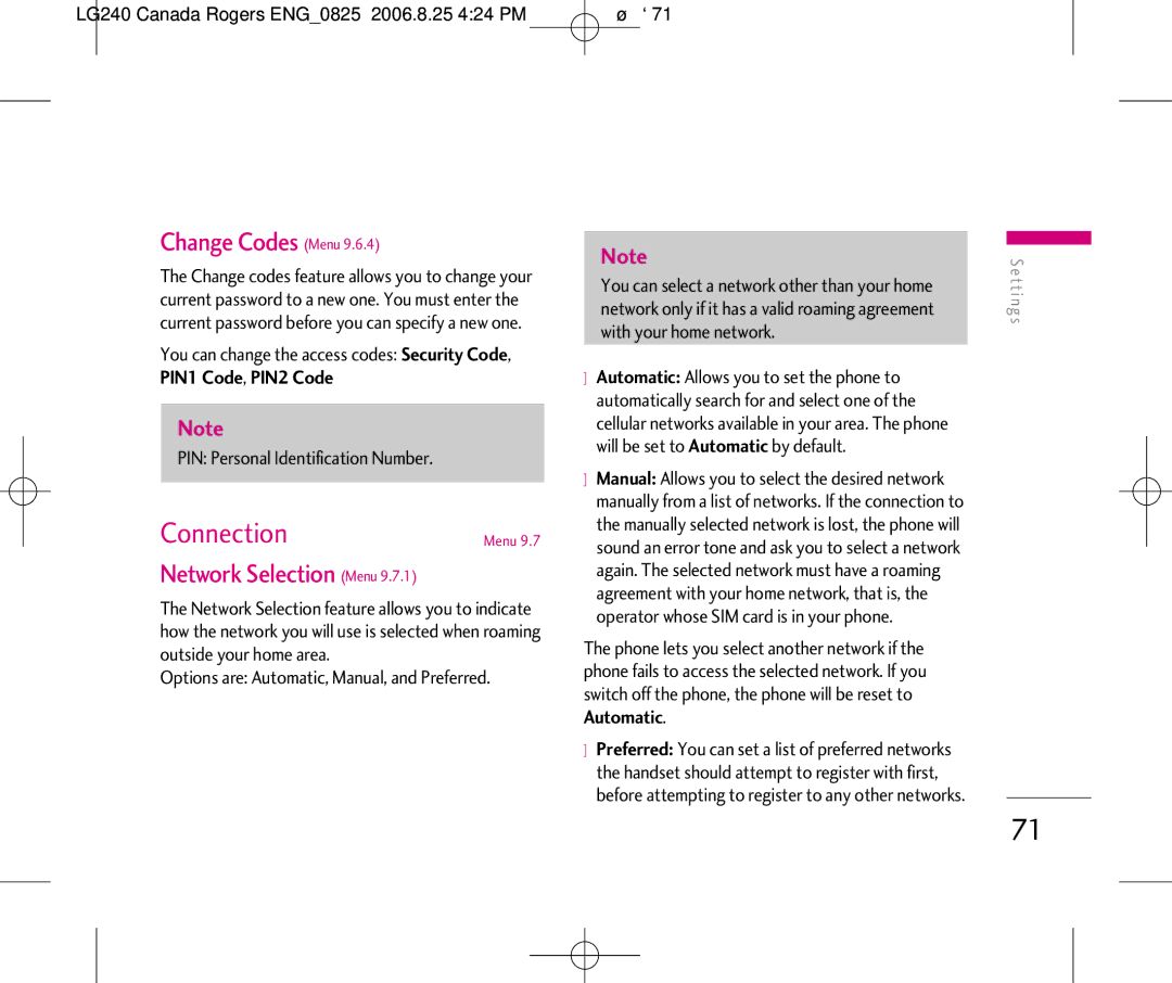 LG Electronics 240 Connection, Change Codes Menu, Network Selection Menu, Options are Automatic, Manual, and Preferred 