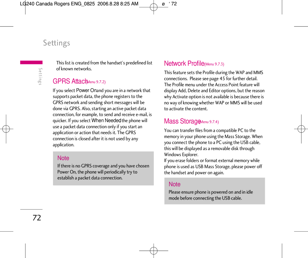 LG Electronics 240 manual Gprs Attach Menu, Network Profile Menu, Mass Storage Menu 