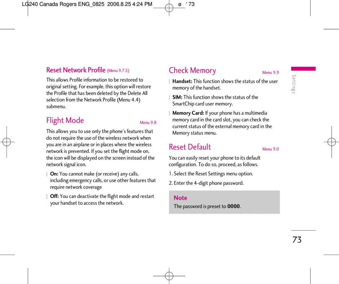 LG Electronics 240 manual Flight Mode, Check Memory, Reset Default, Reset Network Profile Menu 