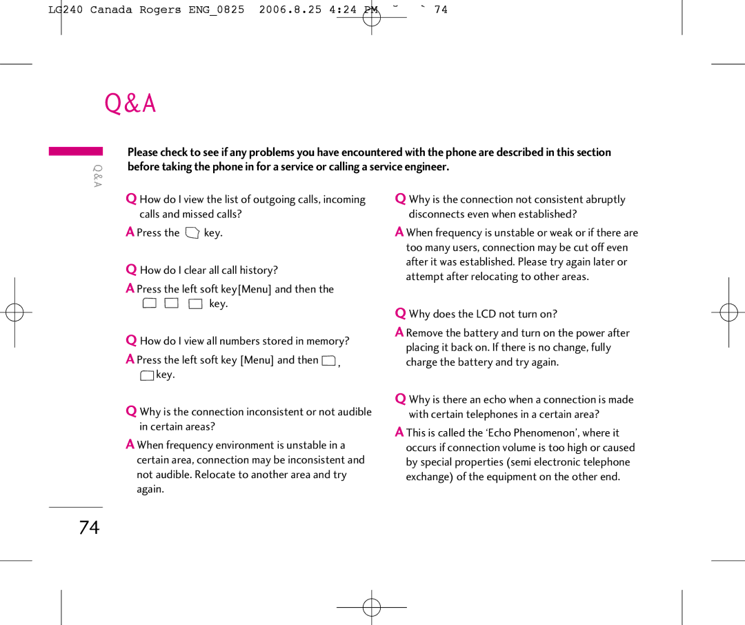 LG Electronics manual LG240 Canada Rogers ENG0825 2006.8.25 424 PM ˘`74, Why does the LCD not turn on? 