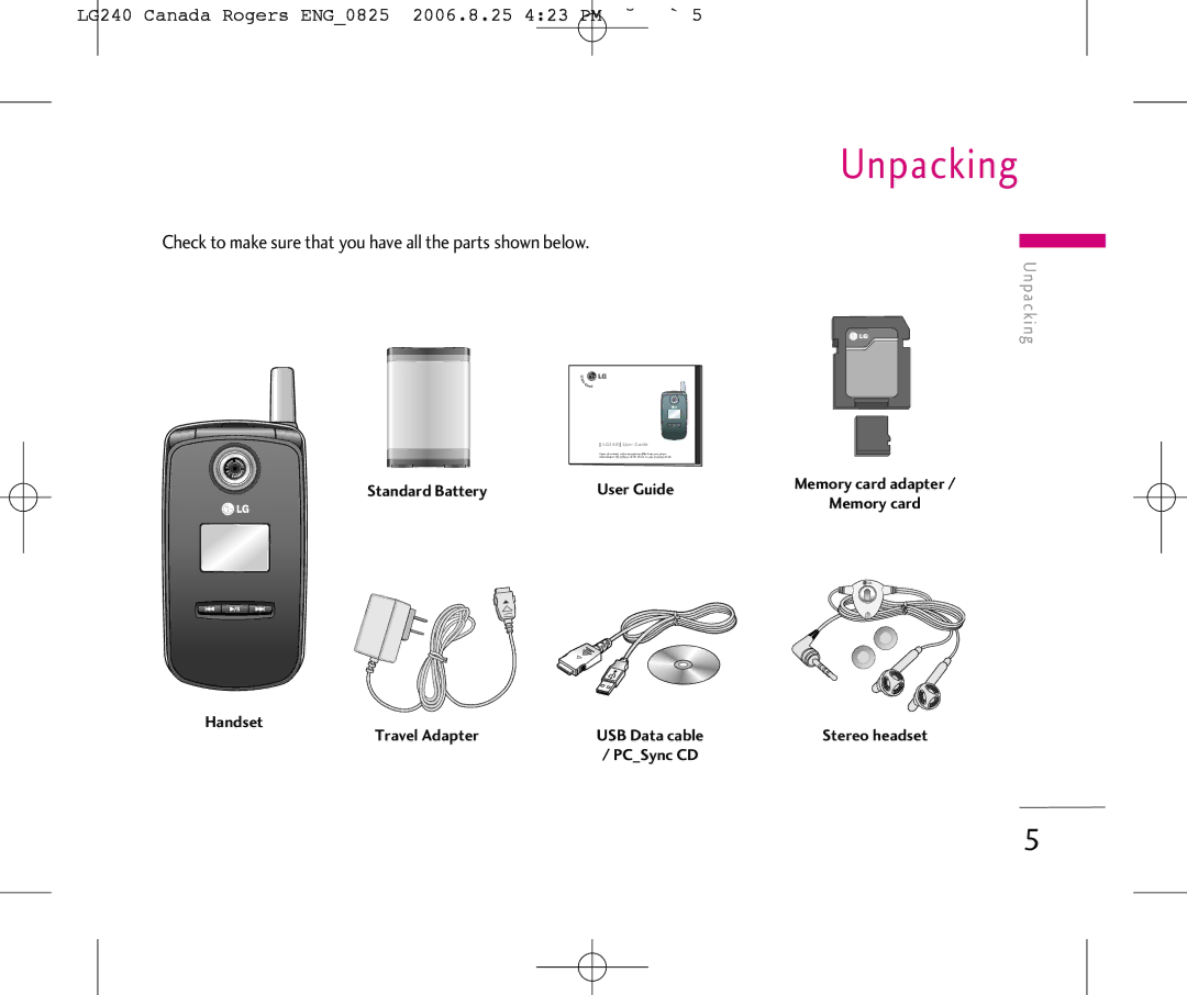 LG Electronics manual Unpacking, LG240 Canada Rogers ENG0825 2006.8.25 423 PM ˘`5 