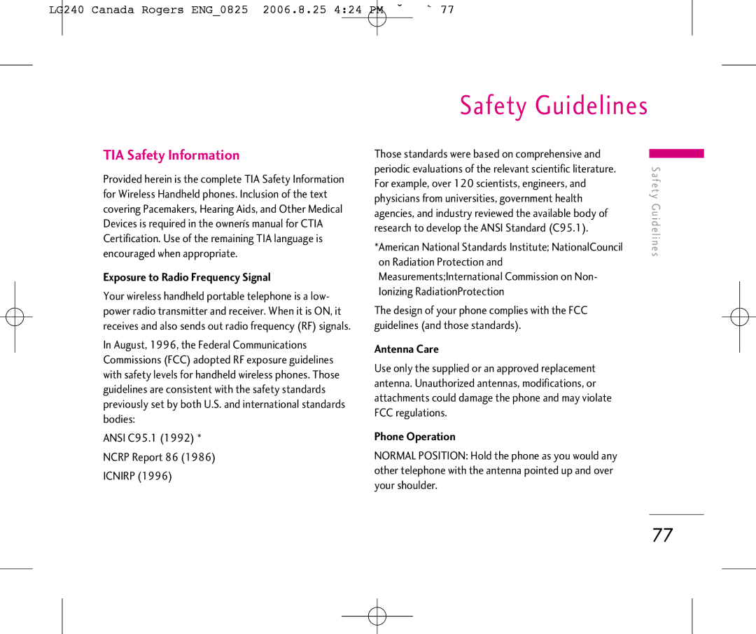 LG Electronics Safety Guidelines, LG240 Canada Rogers ENG0825 2006.8.25 424 PM ˘`77, Exposure to Radio Frequency Signal 