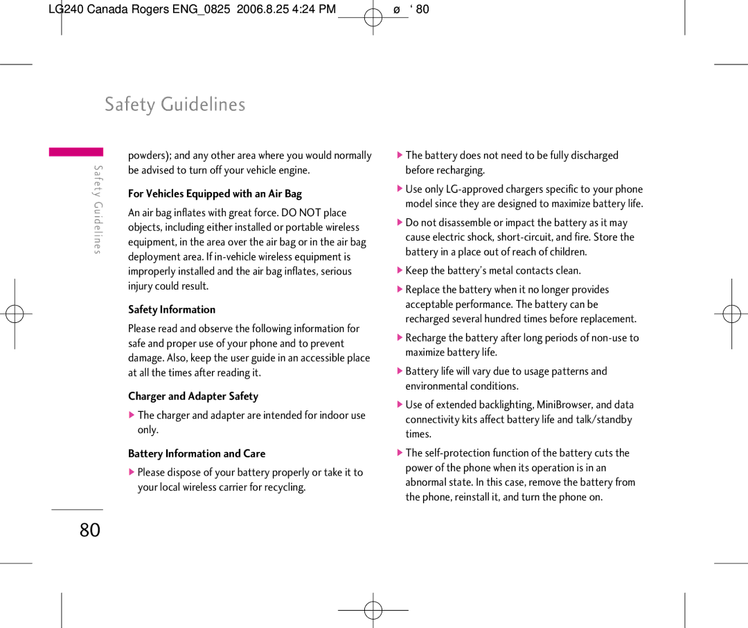 LG Electronics manual LG240 Canada Rogers ENG0825 2006.8.25 424 PM ˘`80, For Vehicles Equipped with an Air Bag 