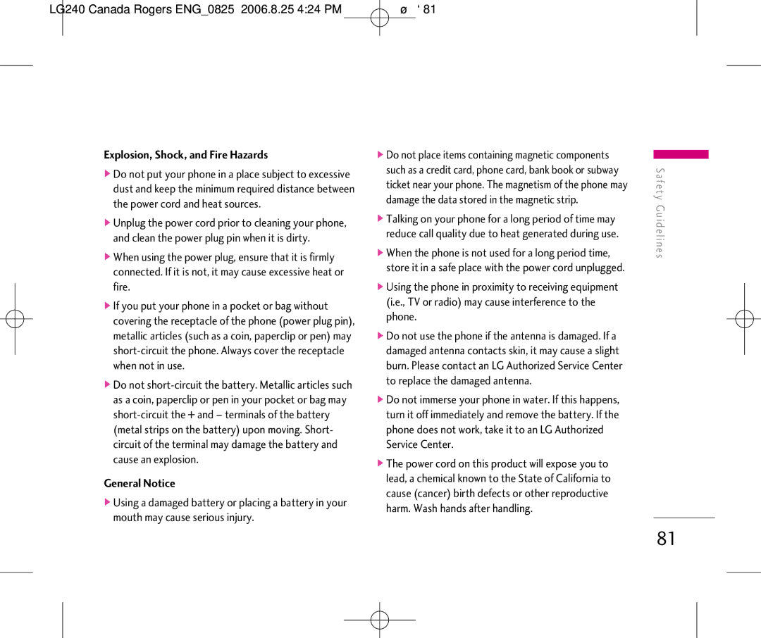 LG Electronics LG240 Canada Rogers ENG0825 2006.8.25 424 PM ˘`81, Explosion, Shock, and Fire Hazards, General Notice 