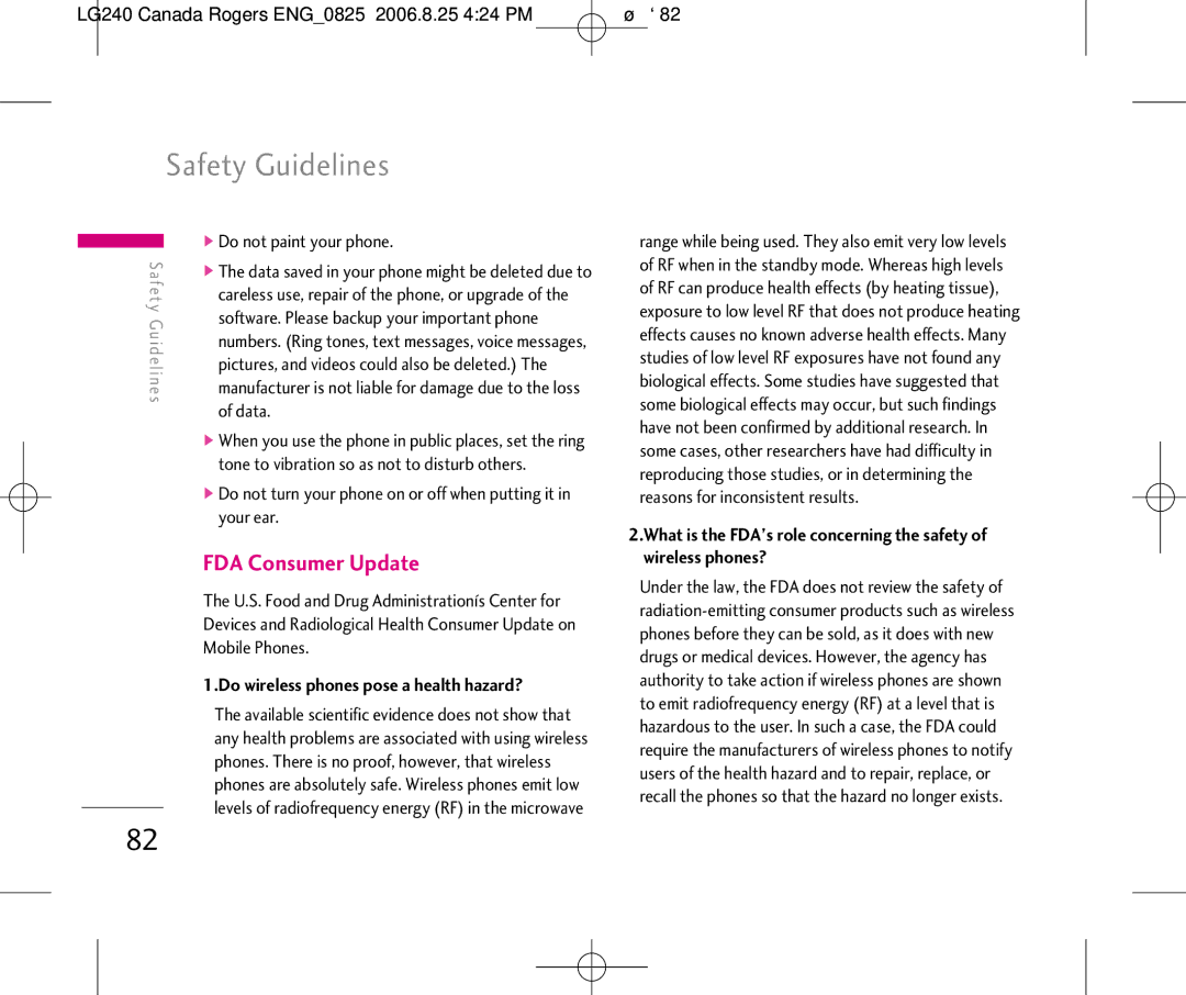 LG Electronics manual LG240 Canada Rogers ENG0825 2006.8.25 424 PM ˘`82, Do not paint your phone 