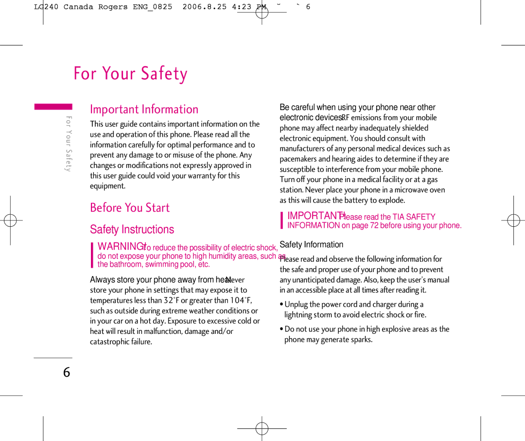 LG Electronics 240 manual For Your Safety, Important Information, Before You Start, Safety Instructions 