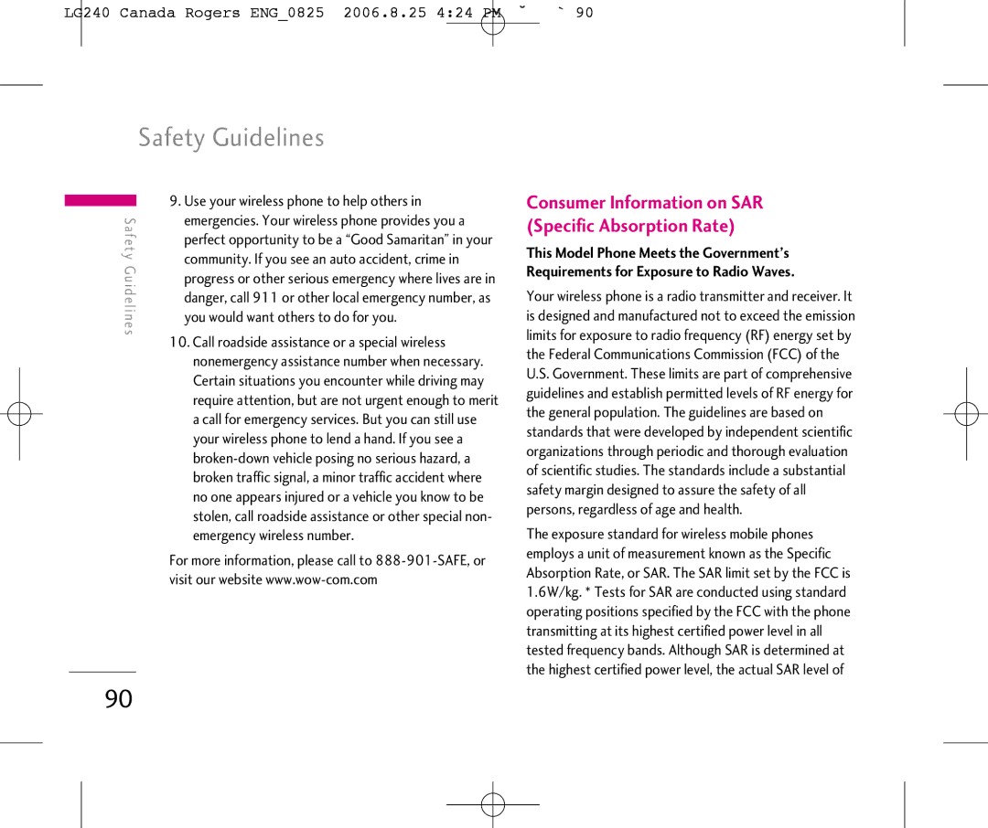 LG Electronics LG240 Canada Rogers ENG0825 2006.8.25 424 PM ˘`90, Consumer Information on SAR Specific Absorption Rate 