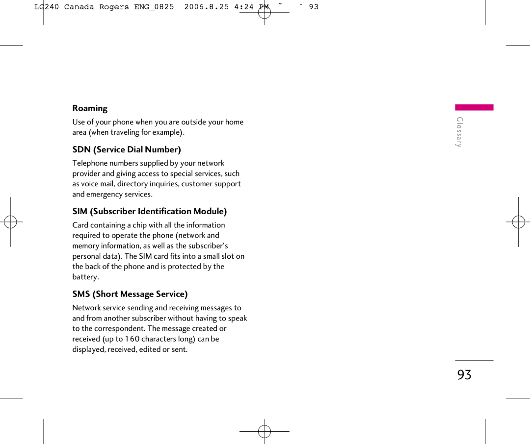 LG Electronics manual SDN Service Dial Number, LG240 Canada Rogers ENG0825 2006.8.25 424 PM ˘`93 