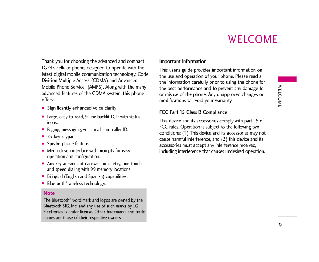 LG Electronics 245 Welcome, Important Information, FCC Part 15 Class B Compliance, Modifications will void your warranty 