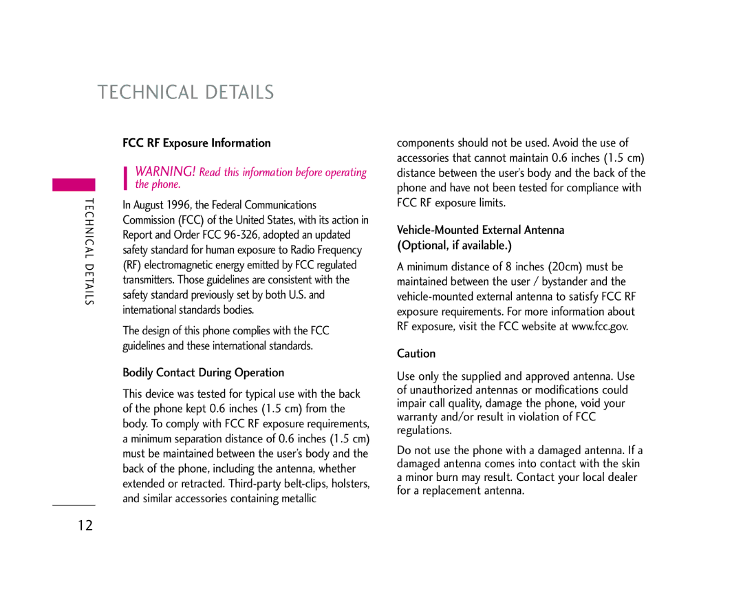 LG Electronics 245 manual Technical Details, FCC RF Exposure Information, Bodily Contact During Operation 