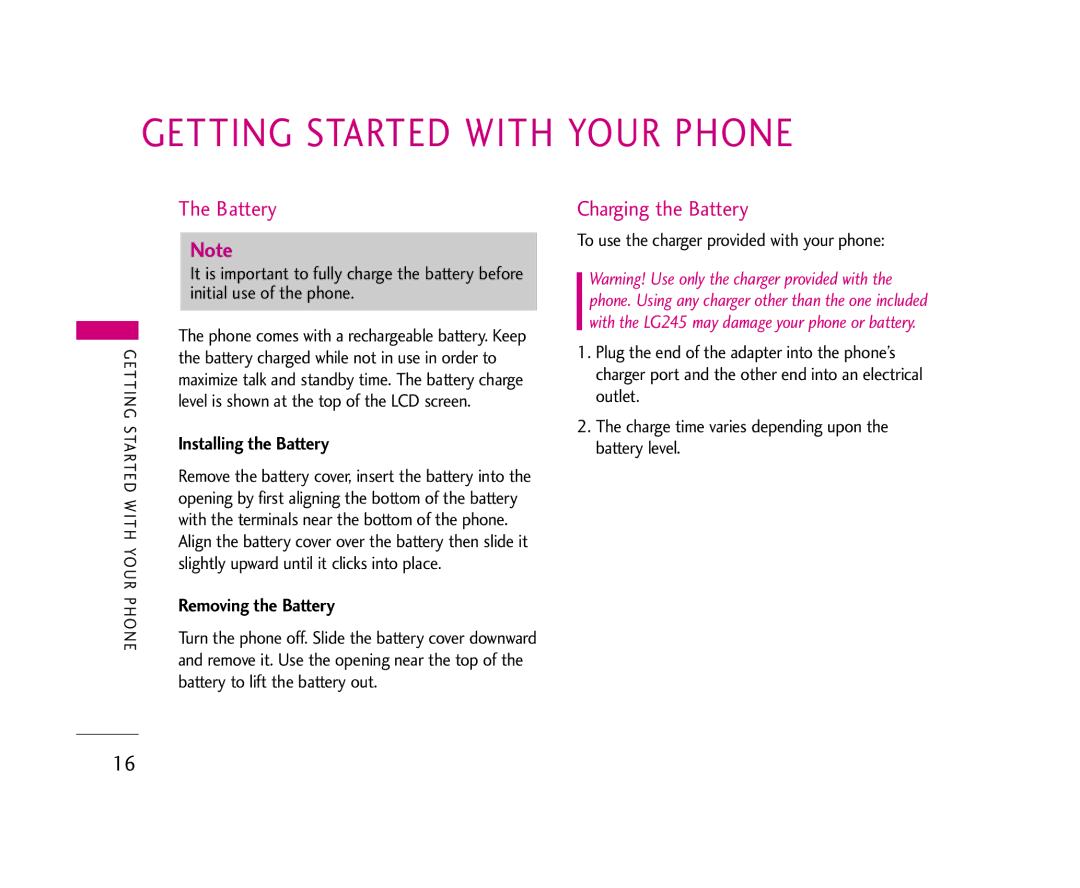 LG Electronics 245 Getting Started with Your Phone, Charging the Battery, Installing the Battery, Removing the Battery 