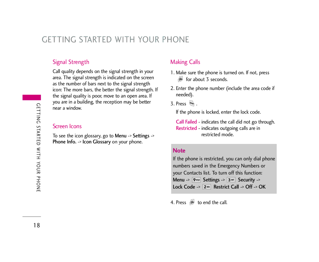 LG Electronics 245 manual Getting Started with Your Phone, Signal Strength, Screen Icons, Making Calls 