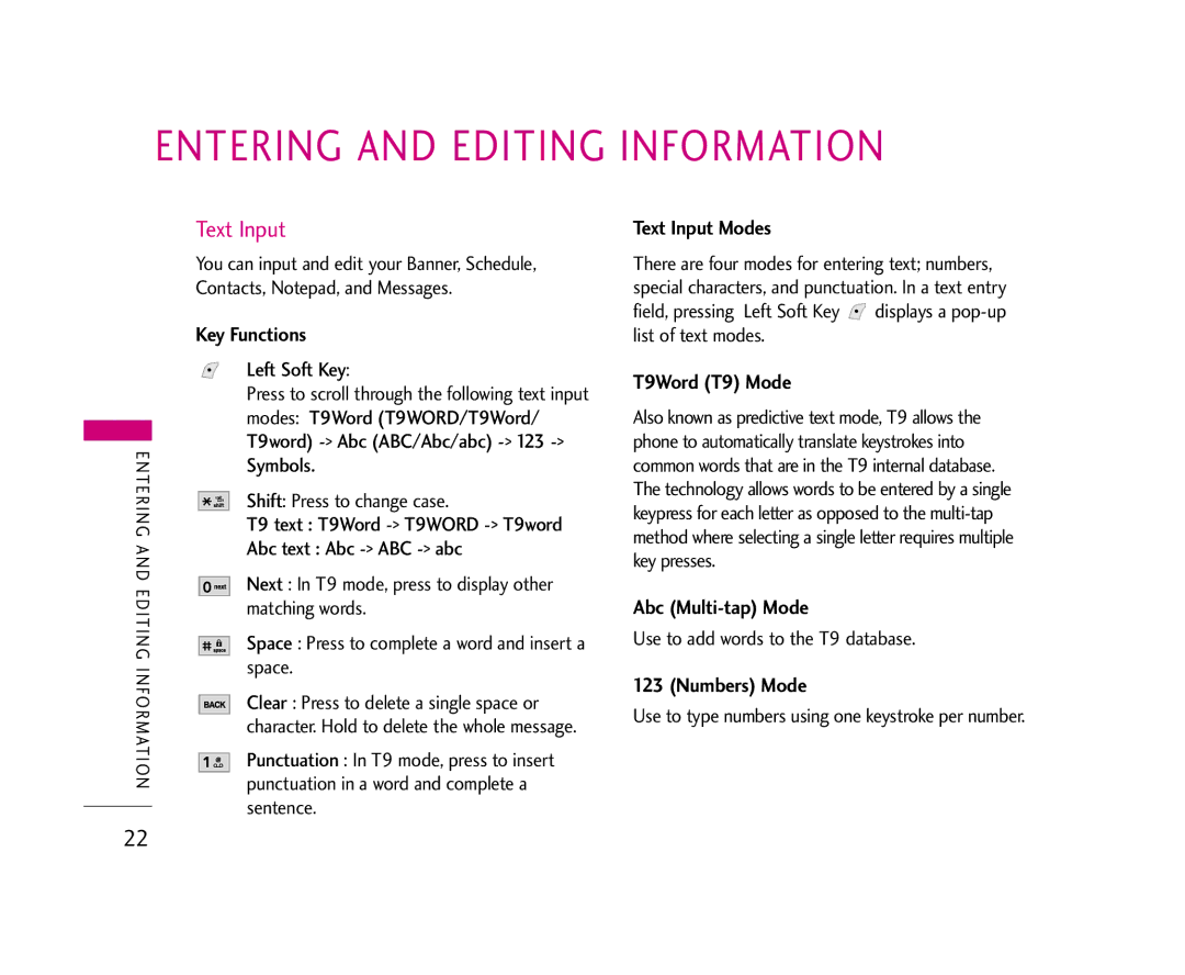 LG Electronics 245 manual Entering and Editing Information, Text Input 