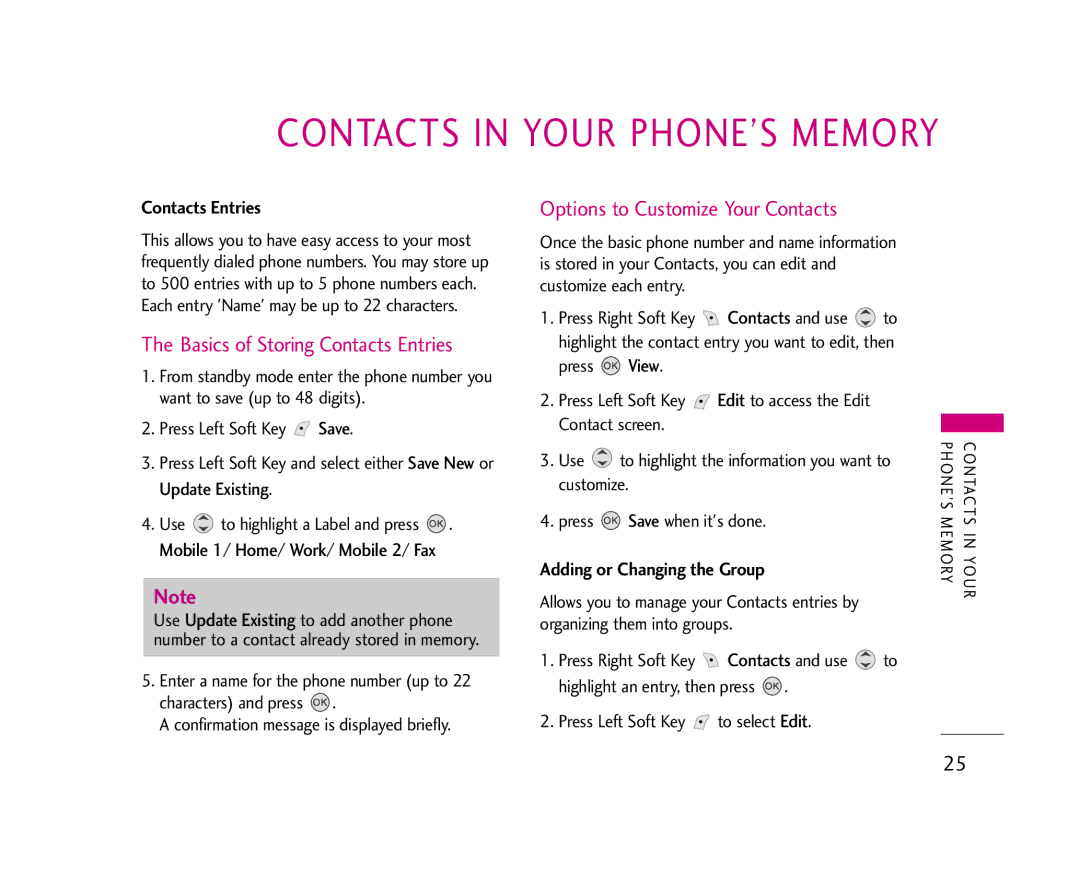 LG Electronics 245 Basics of Storing Contacts Entries, Options to Customize Your Contacts, Adding or Changing the Group 