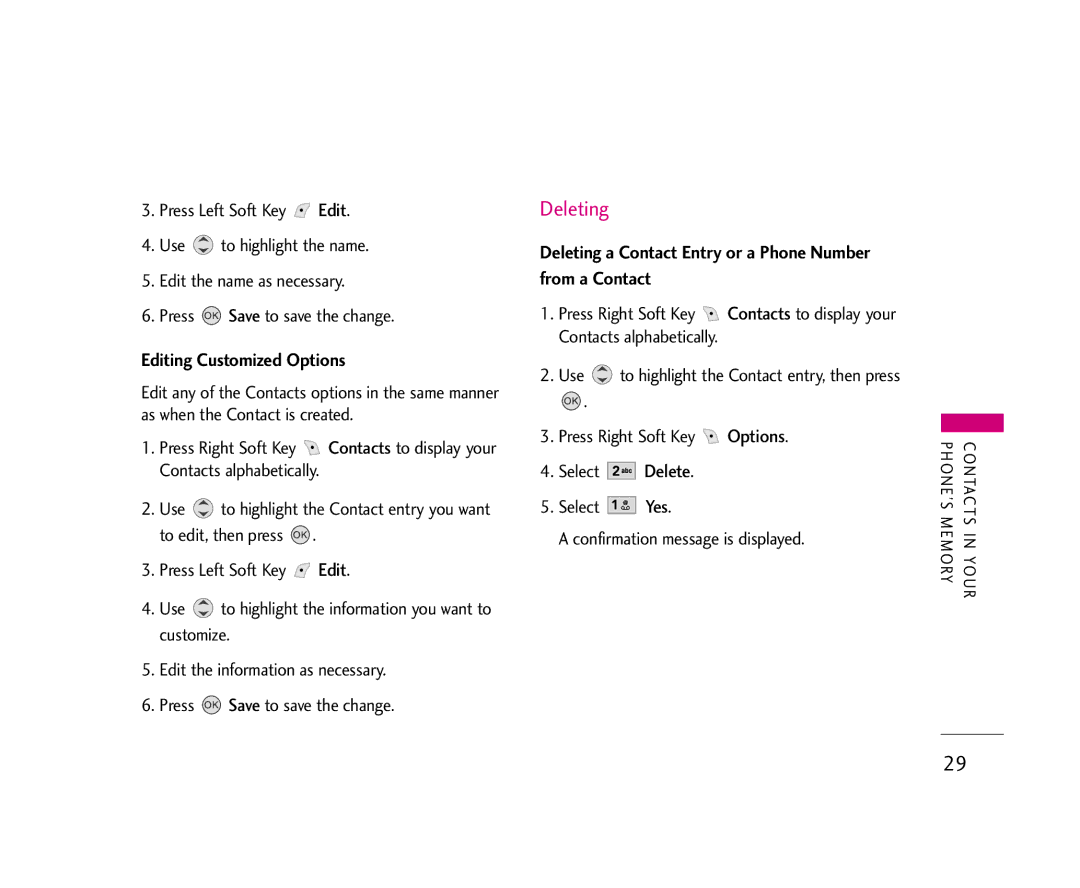 LG Electronics 245 manual Editing Customized Options, Deleting a Contact Entry or a Phone Number from a Contact 