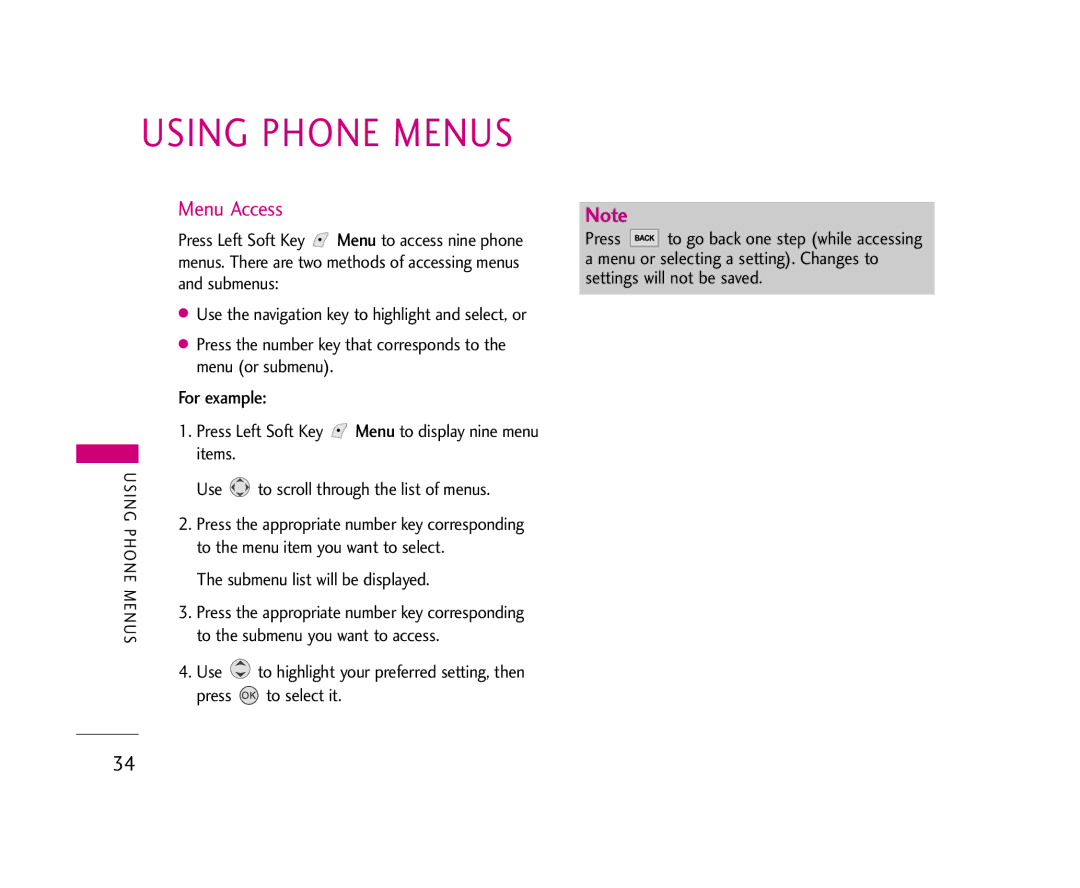 LG Electronics 245 manual Using Phone Menus, Menu Access, For example 