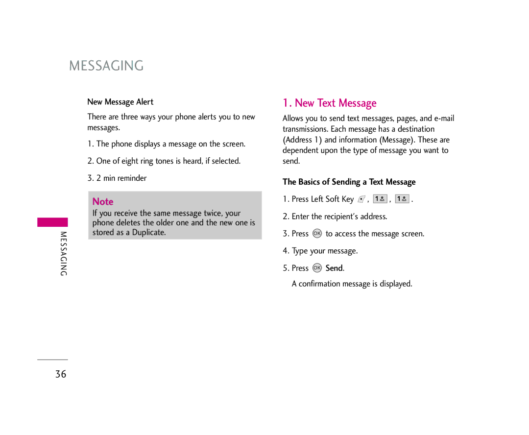 LG Electronics 245 manual New Text Message, New Message Alert, Basics of Sending a Text Message, Stored as a Duplicate 