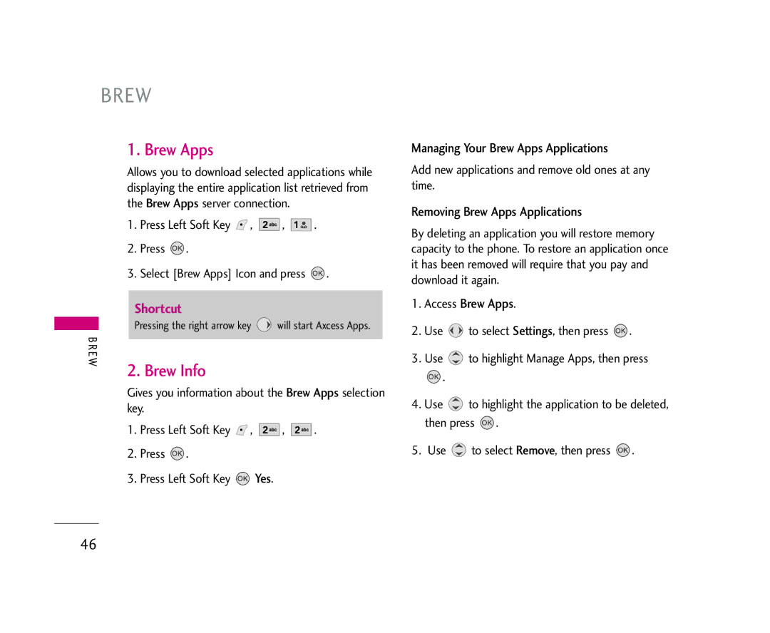 LG Electronics 245 manual BR EW 2. Brew Info, Managing Your Brew Apps Applications, Removing Brew Apps Applications 