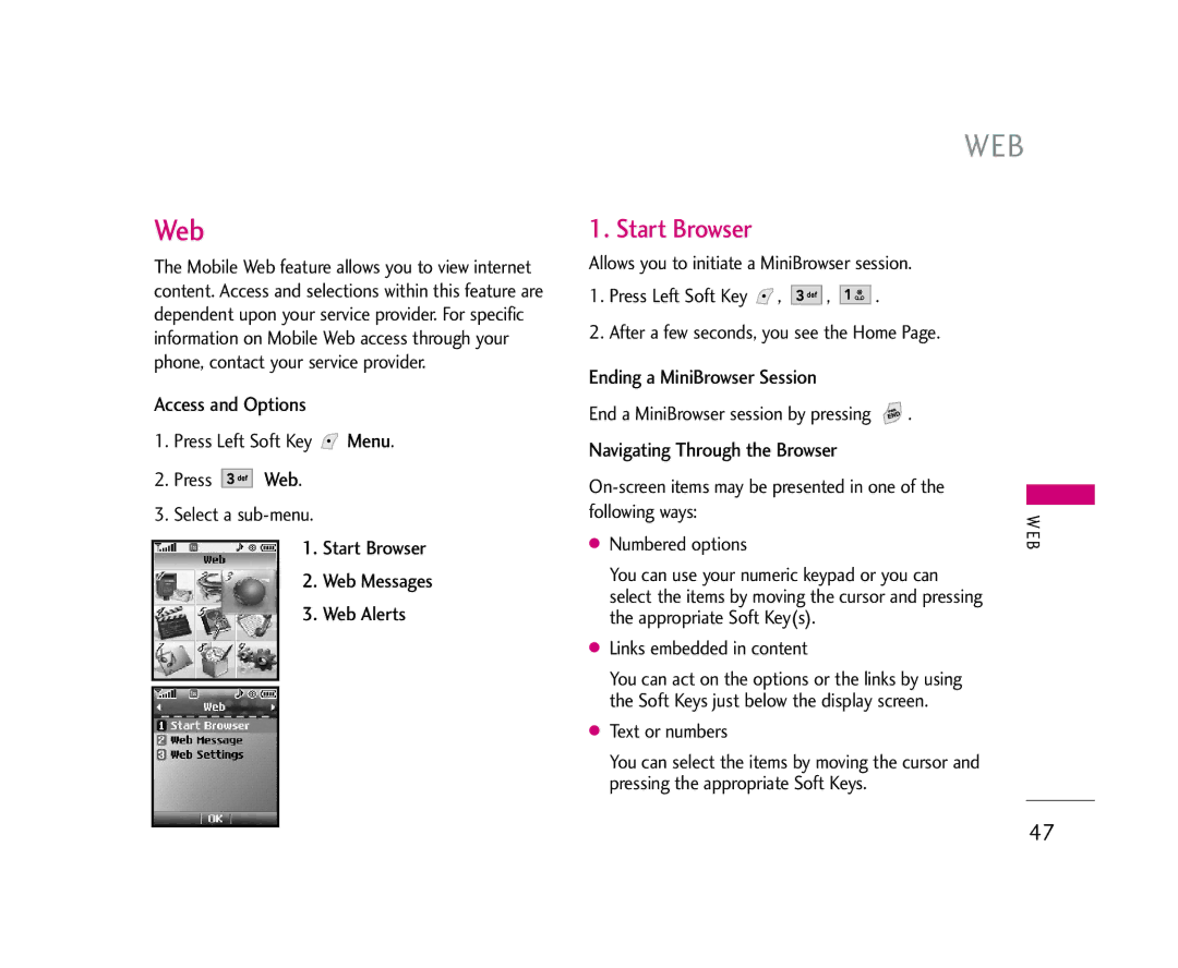 LG Electronics 245 manual Web, Start Browser, Ending a MiniBrowser Session, Text or numbers 