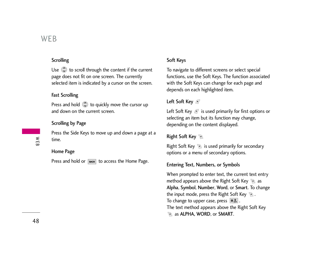 LG Electronics 245 manual Fast Scrolling, Scrolling by, Home, Soft Keys, Left Soft Key, Right Soft Key 