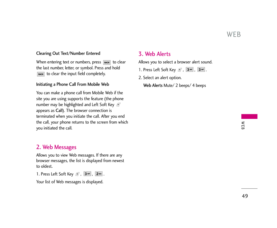 LG Electronics 245 Web Messages, Web Alerts, Clearing Out Text/Number Entered, Initiating a Phone Call From Mobile Web 