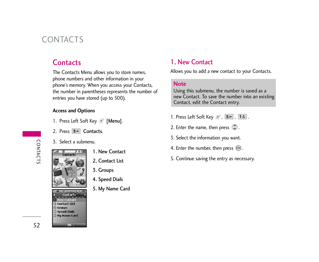 LG Electronics 245 manual Contacts, New Contact, Groups, My Name Card 