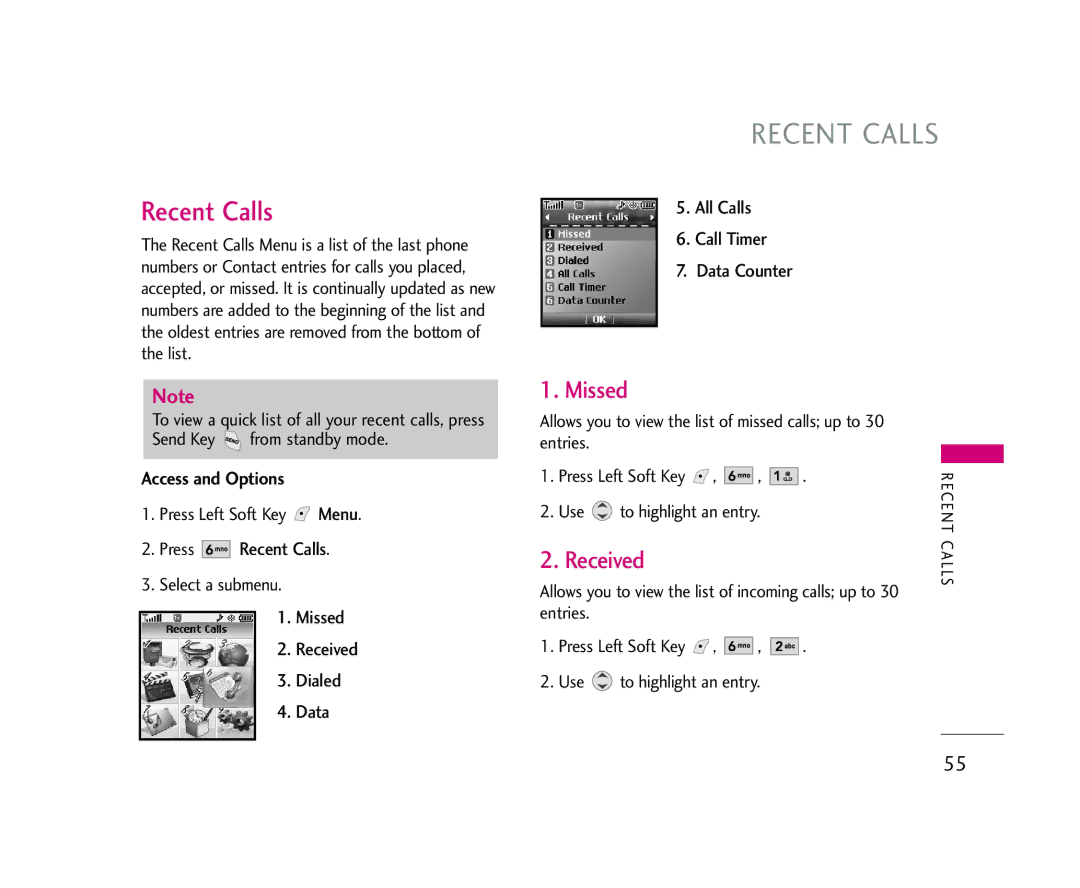 LG Electronics 245 manual Recent Calls, Missed Received Dialed Data, All Calls Call Timer Data Counter 