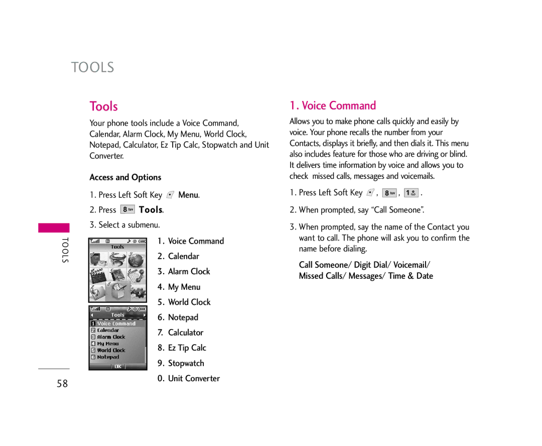 LG Electronics 245 manual Tools, Voice Command 