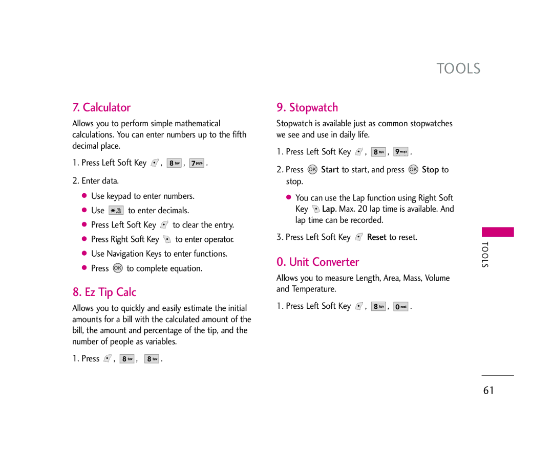 LG Electronics 245 manual Calculator, Ez Tip Calc, Stopwatch, Press Left Soft Key Reset to reset 