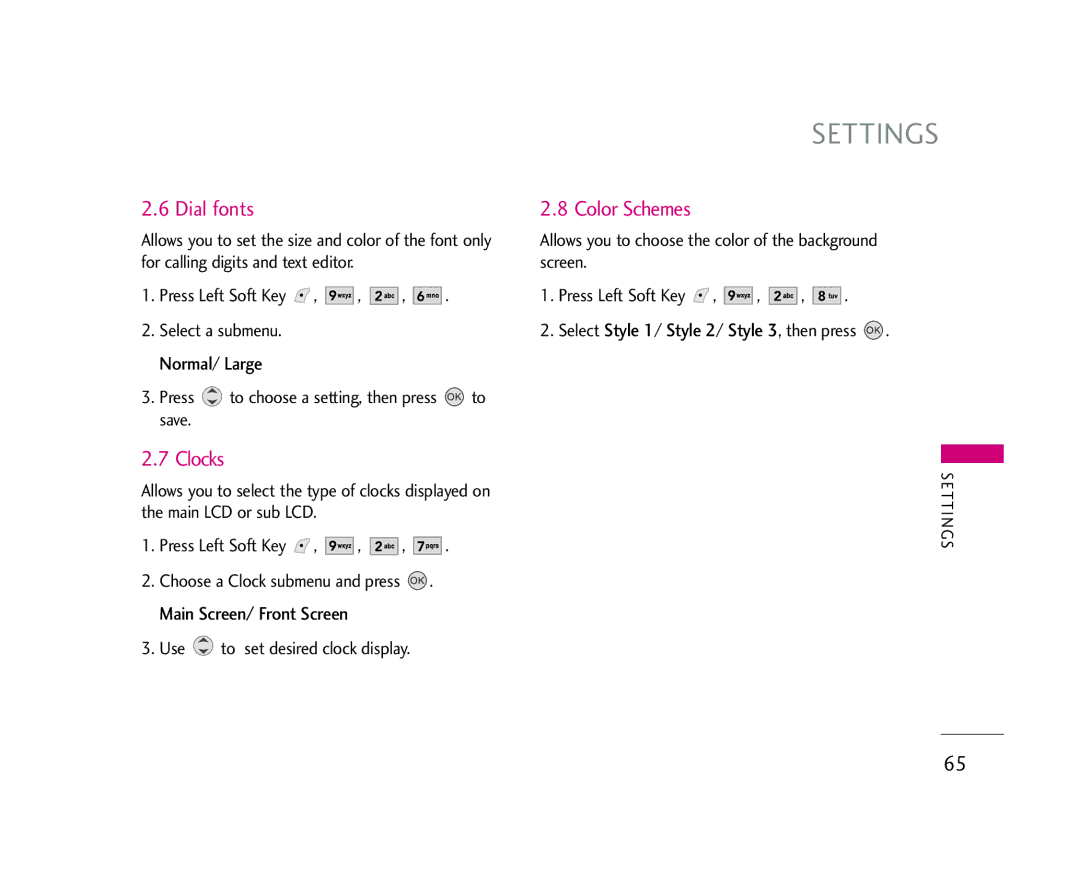 LG Electronics 245 manual Dial fonts, Clocks, Color Schemes 