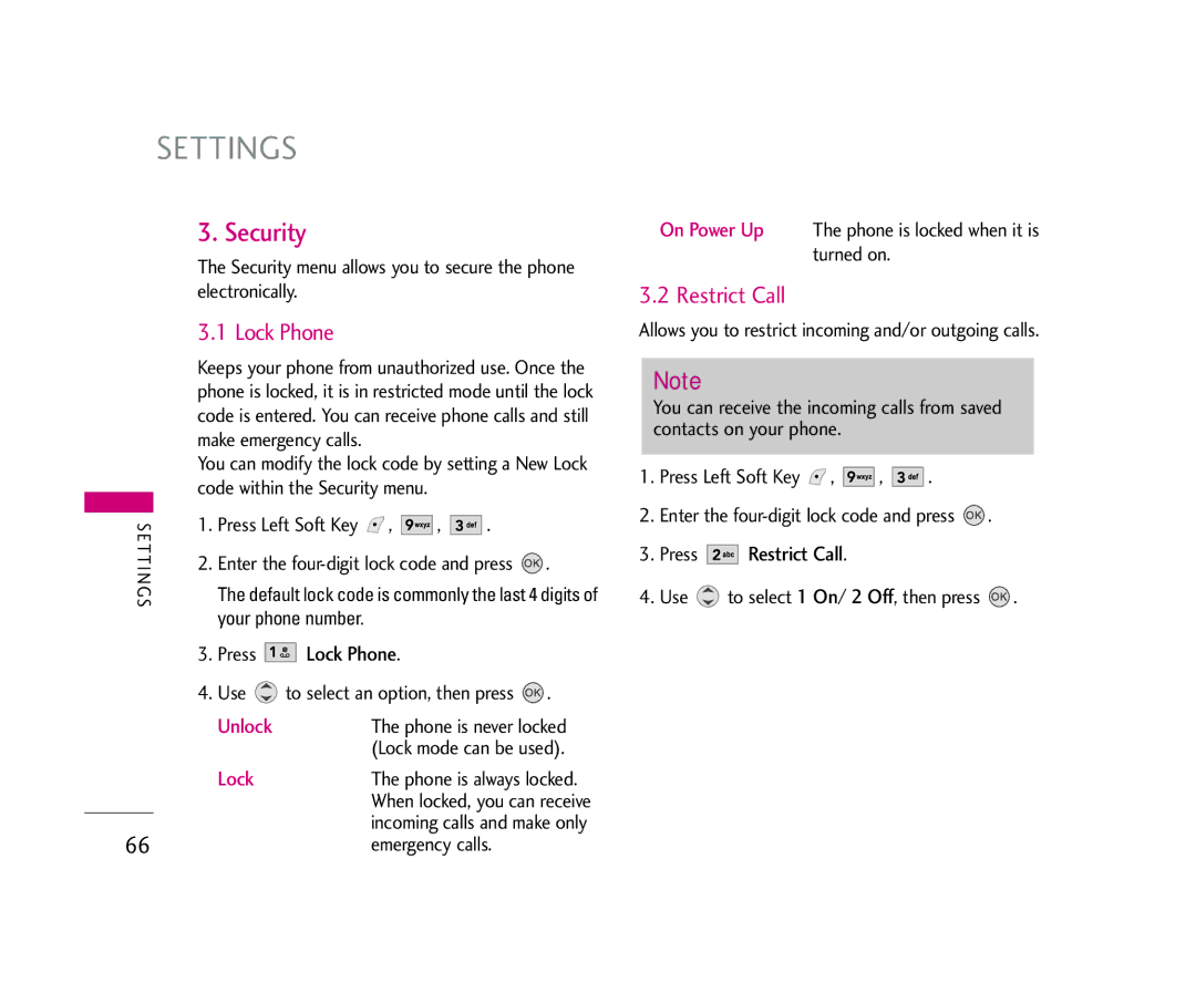 LG Electronics 245 manual Security, Lock Phone, Press Restrict Call 