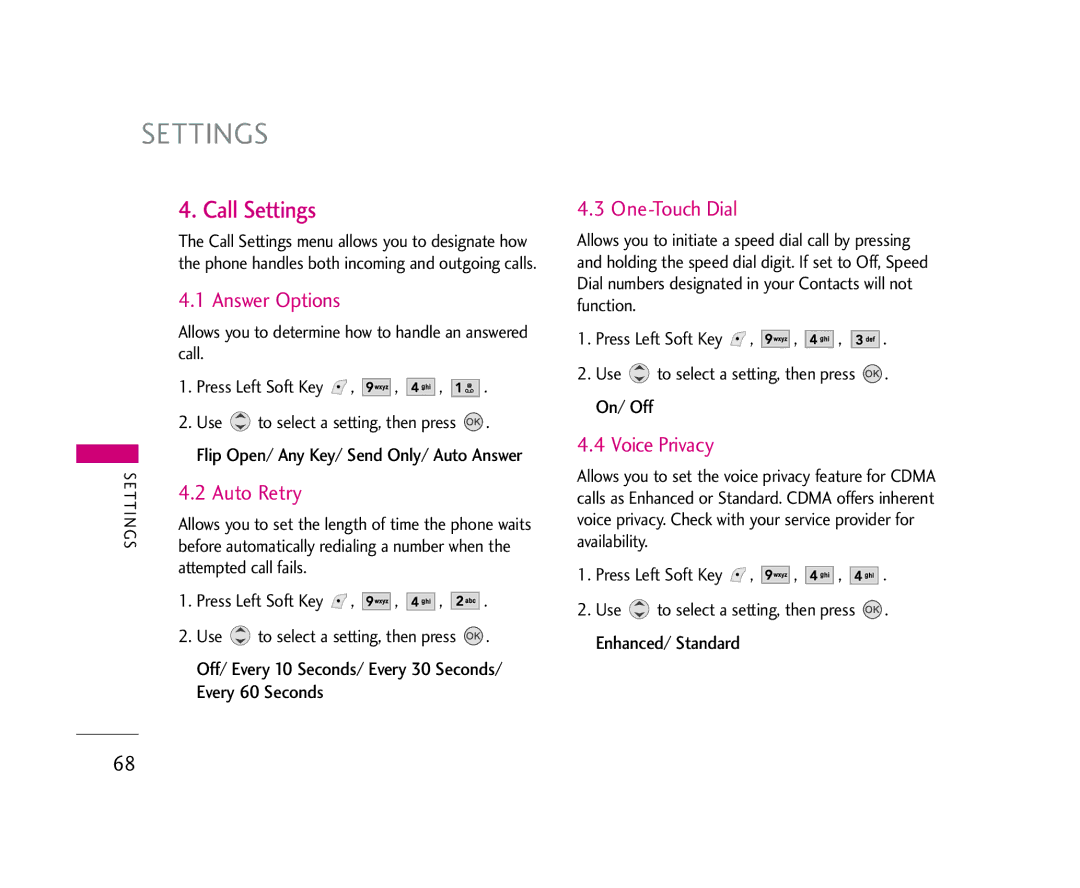 LG Electronics 245 manual Call Settings, Answer Options, Auto Retry, One-Touch Dial, Voice Privacy 