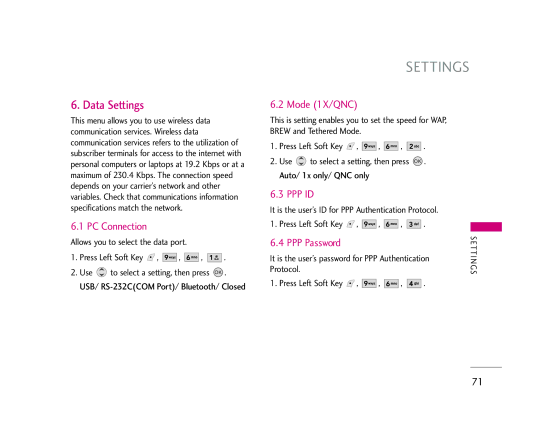 LG Electronics 245 manual Data Settings, PC Connection, Mode 1X/QNC, Ppp Id, PPP Password 