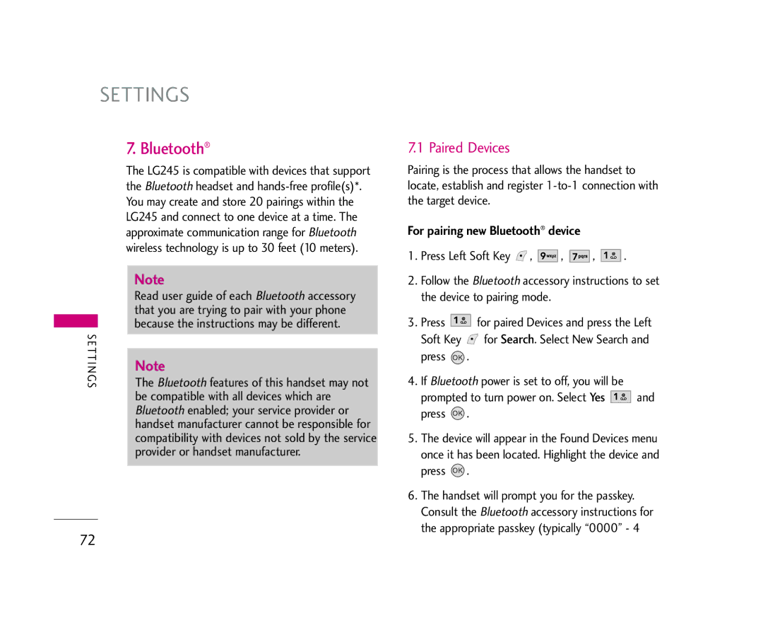 LG Electronics 245 manual Paired Devices, For pairing new Bluetooth device 